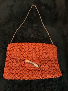 Vintage 1960s RODO Italy Orange Woven Raffia Clutch Mid Century Lucite Detail